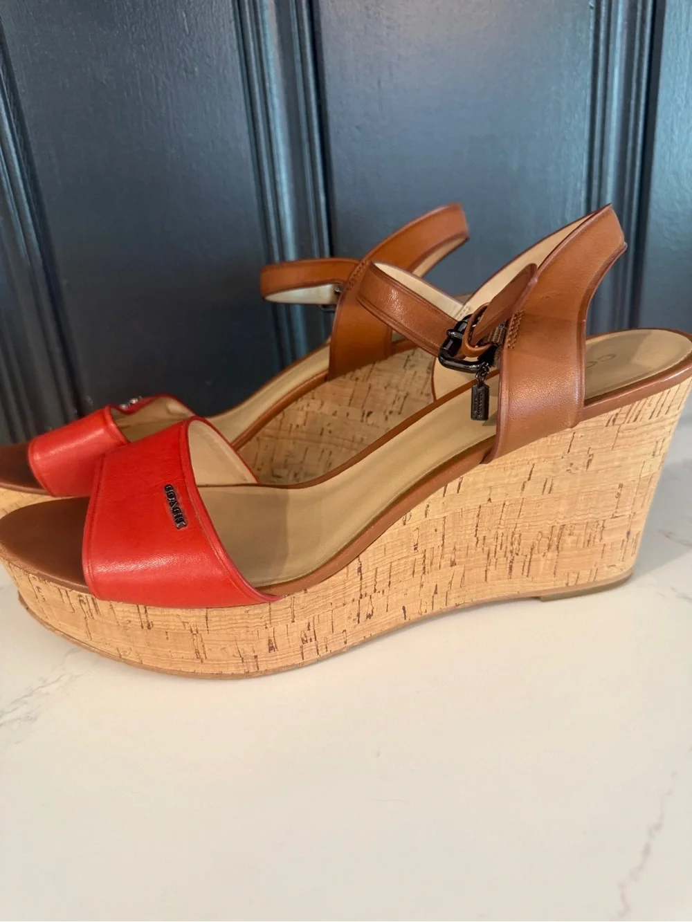 Coach Fran Cork Platform Wedge Sandals Carmine / Saddle Size 11